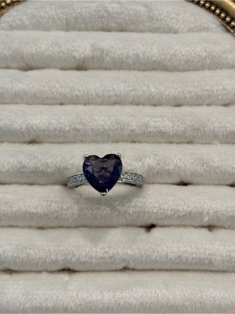 Heart-Shaped Blue Crystal Ring with Pavé Band-Sz 7